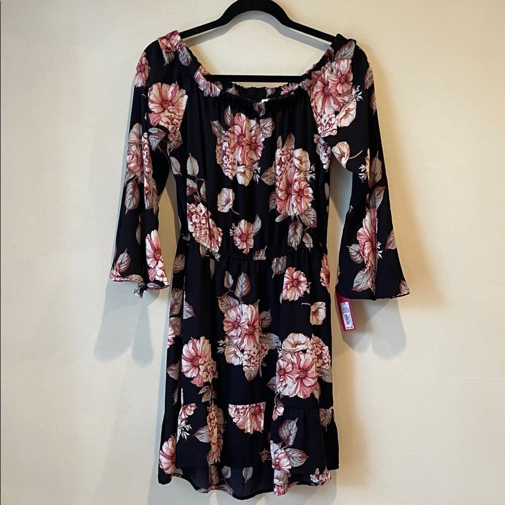 Xhilaration Black and Pink Floral Long Sleeve Dress